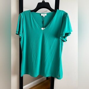 Calvin Klein Teal V-Neck Flutter Sleeve Blouse